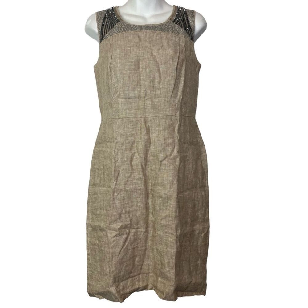 ANN TAYLOR LOFT 100% Linen Beaded Sequin Beige Sleeveless Mini Sheath Dress sz 2